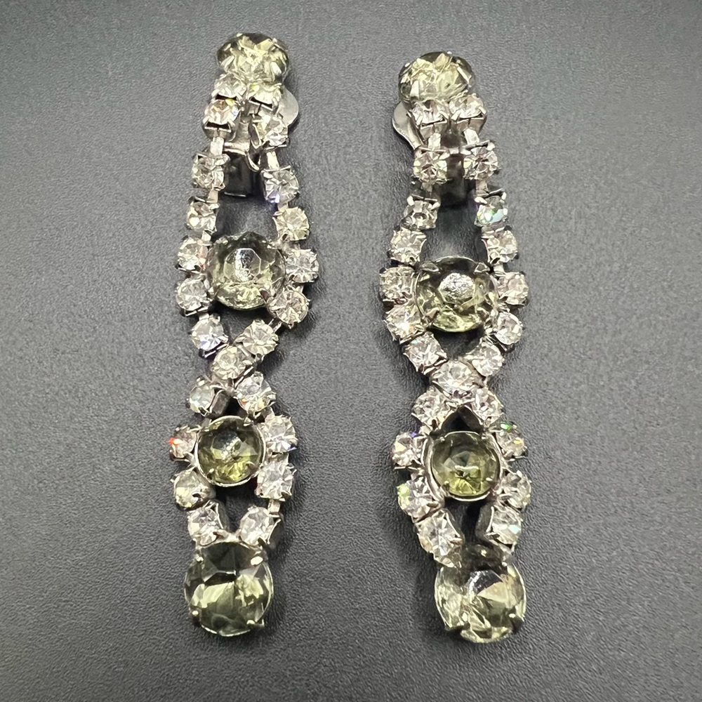 Vintage Art Deco Crystal Rhinestone Statement Dangle Clip On Earrings